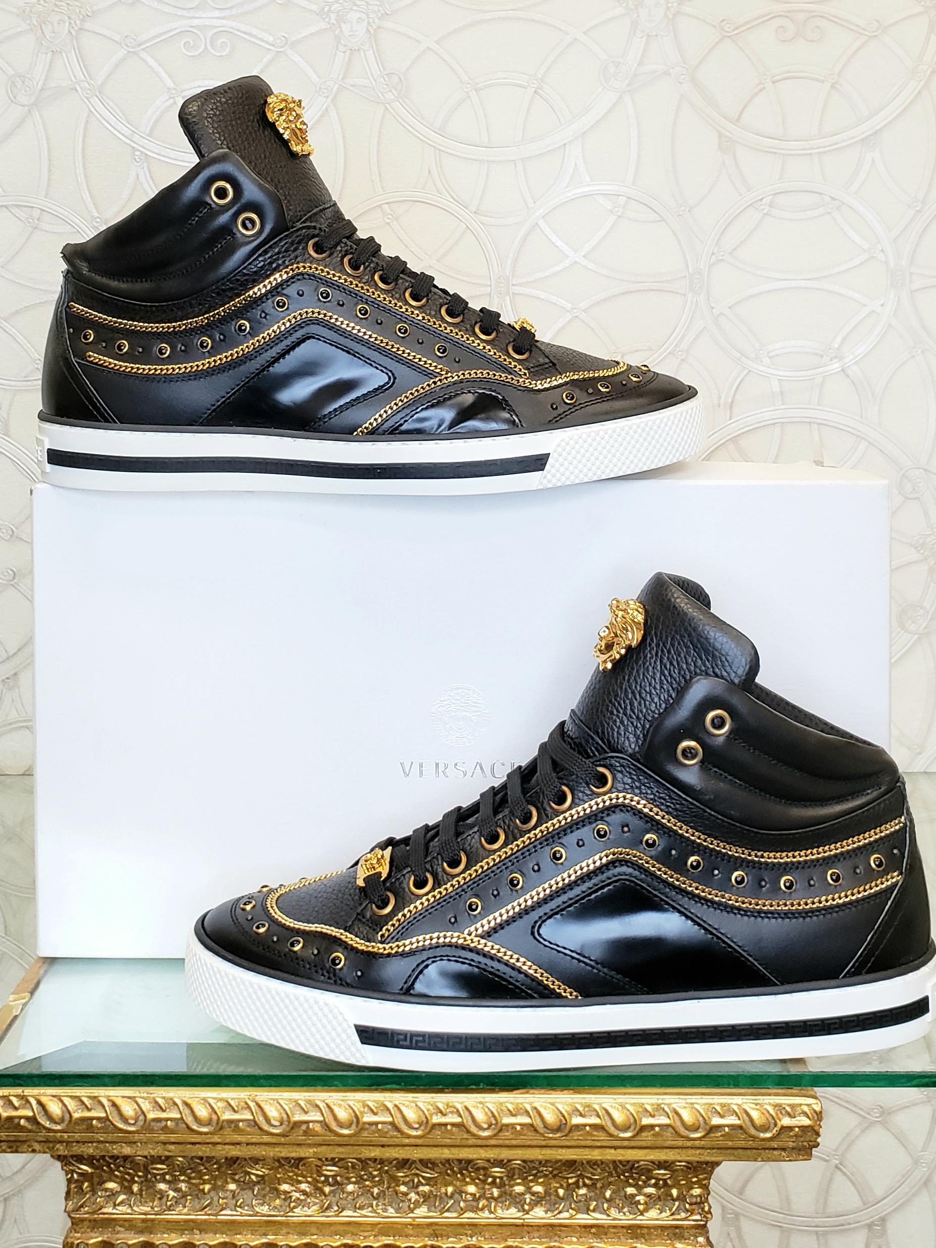 Black NEW VERSACE STUDDED HIGH-TOP SNEAKERS with GOLD 3D MEDUSA BUCKLE SIZE 43 - 10