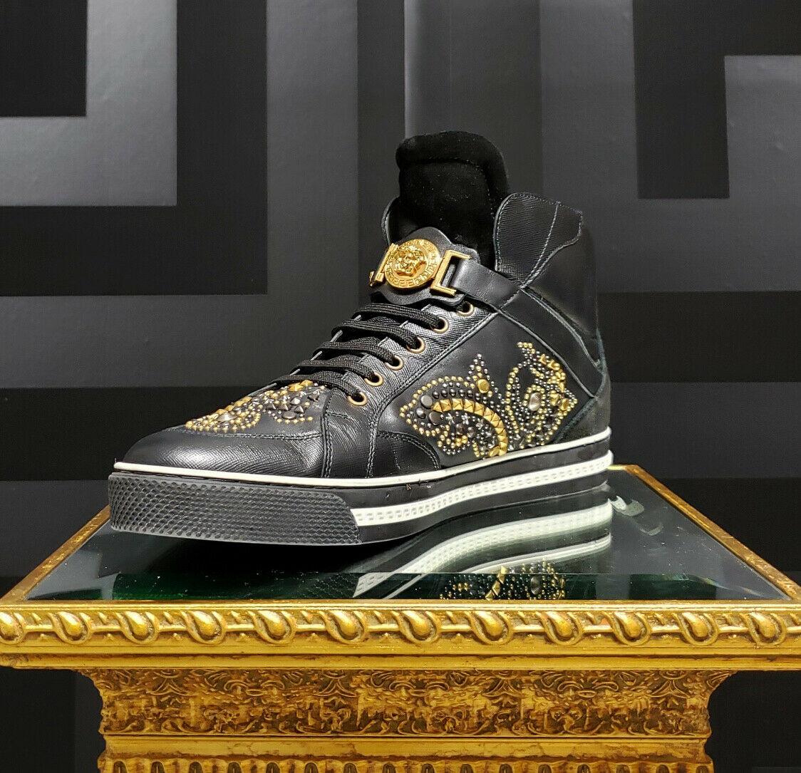 Black New VERSACE STUDDED HIGH-TOP SNEAKERS with GOLD MEDUSA BUCKLE 