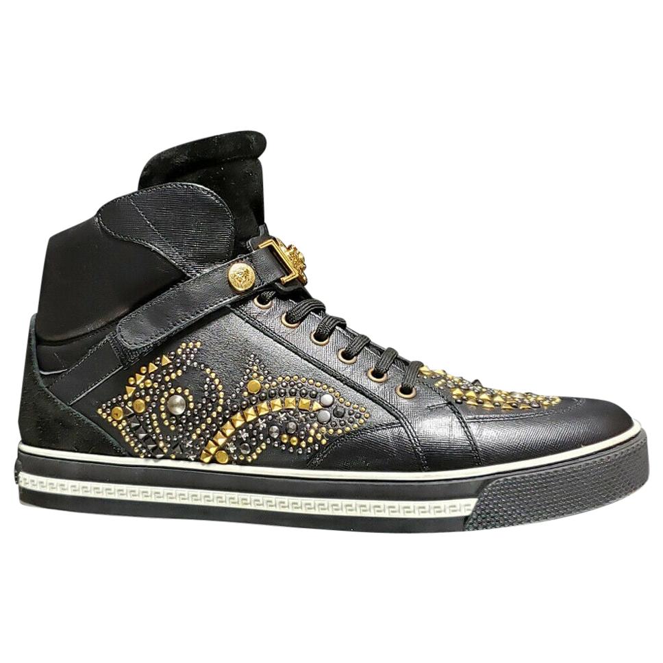 New VERSACE STUDDED HIGH-TOP SNEAKERS with GOLD MEDUSA BUCKLE 