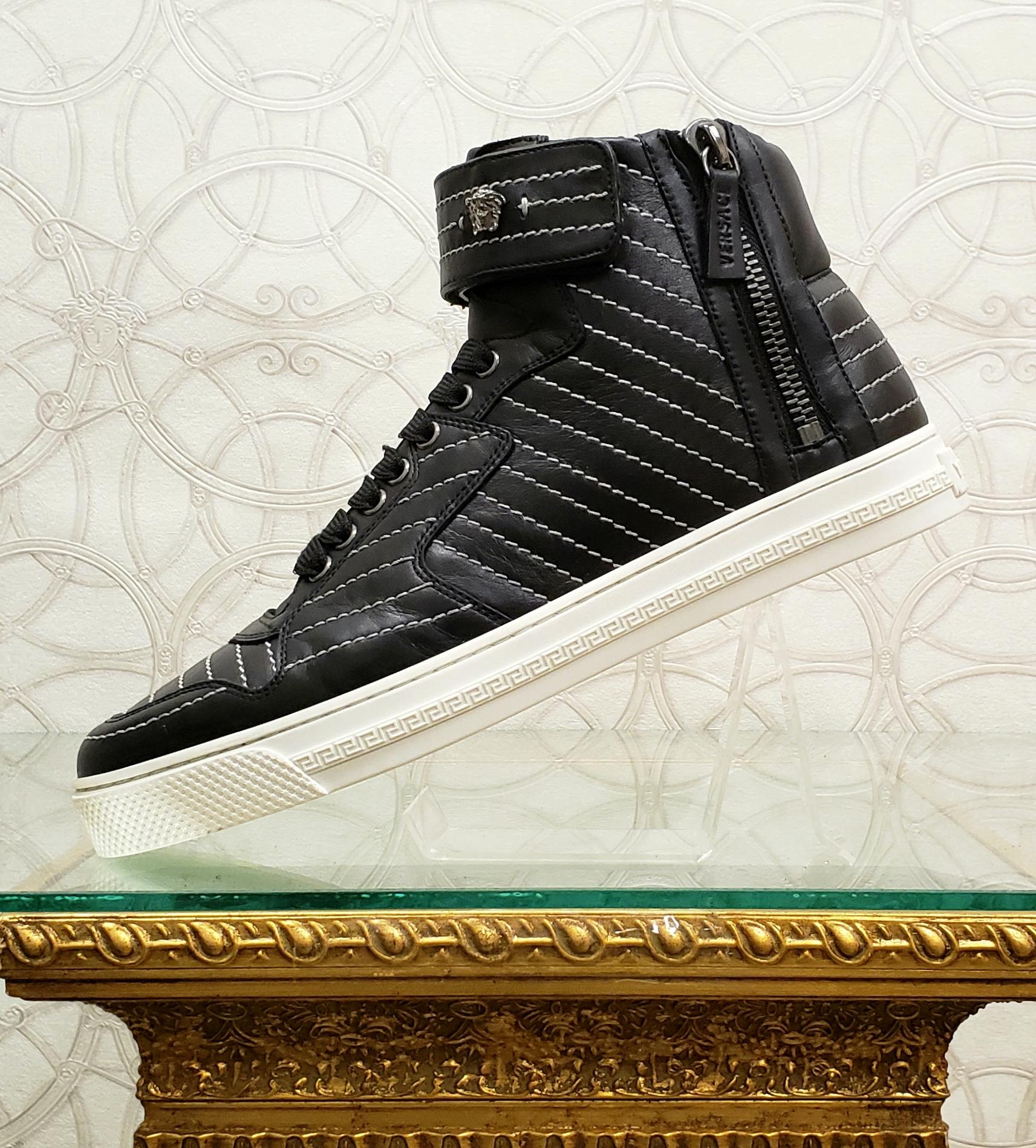 Black NEW VERSACE STUDDED HIGH-TOP SNEAKERS with SILVER MEDUSA side ZIPPER 41 - 8