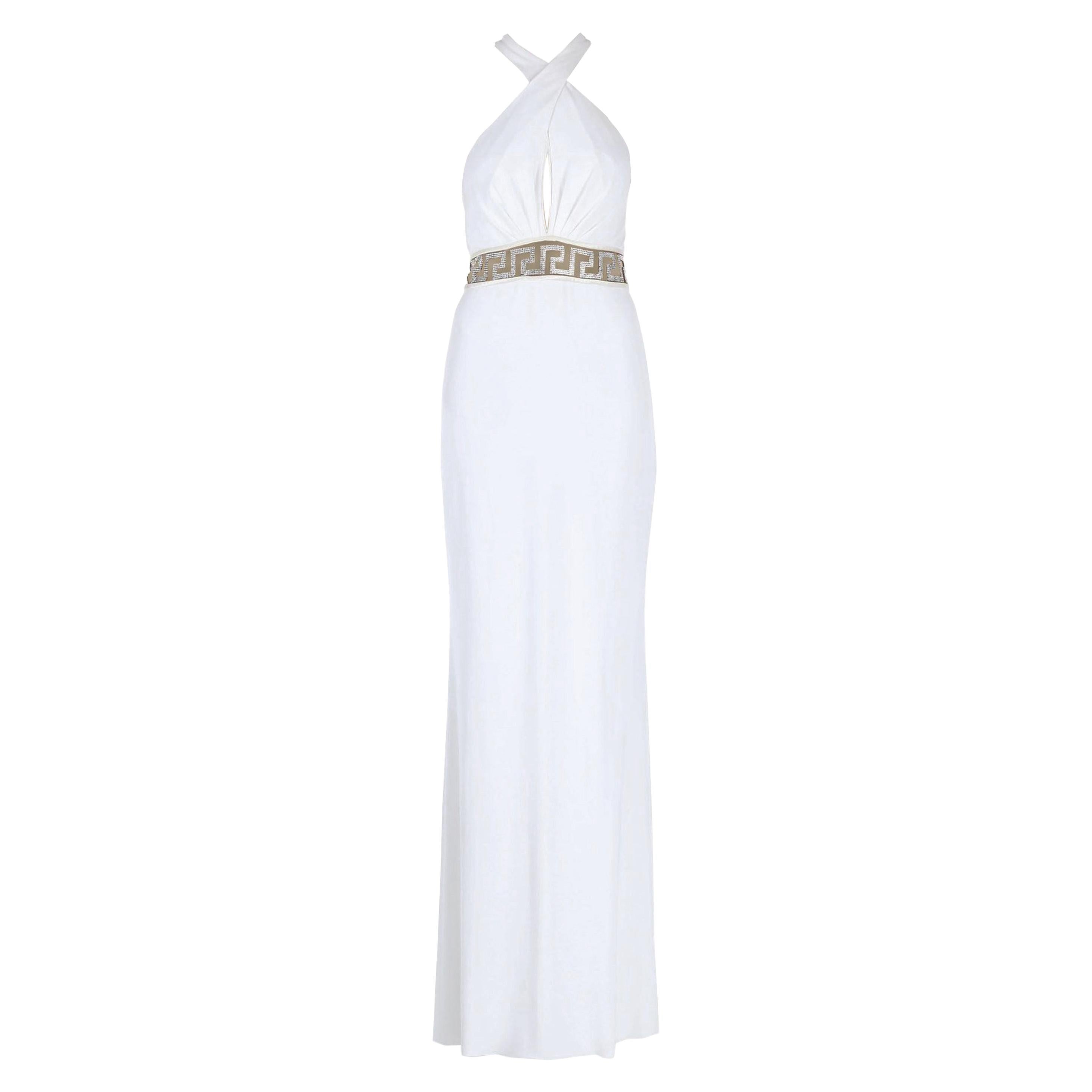 Neu $6950 Versace Kleid aus weißem Jersey mit Swarovski-Kristallen und griechischem Schlüssel It. 42 im Angebot