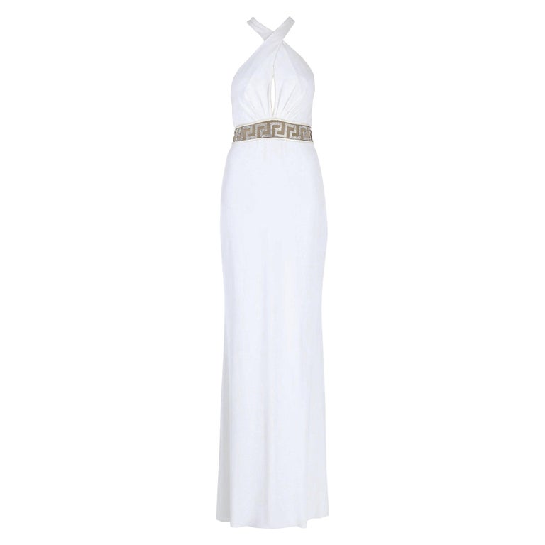 New $6950 Versace Swarovski Crystals Greek Key White Jersey Dress Gown It.  42