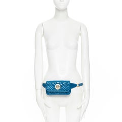 new VERSACE teal blue diamond quilted shiney lamb leather medusa small belt bag