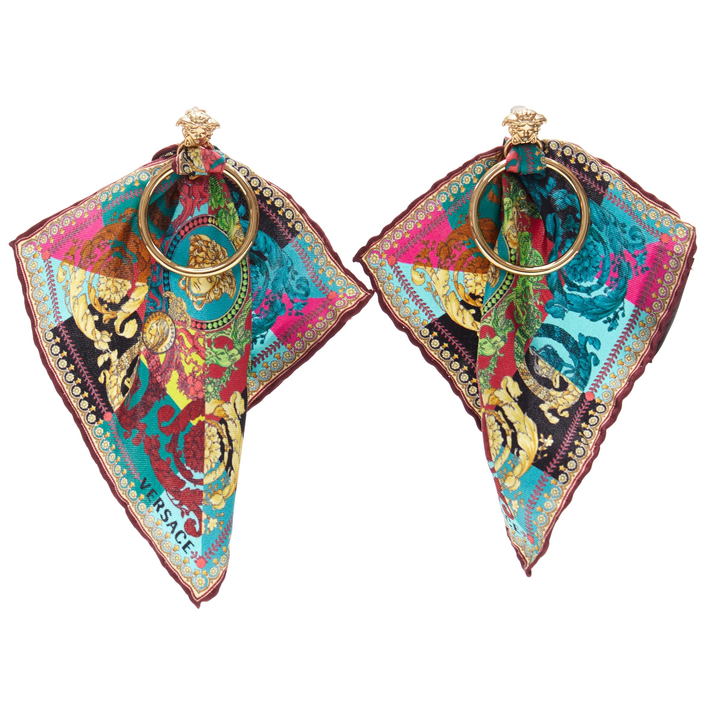 new VERSACE Technicolor Baroque silk scarf Medusa door hoop convertible earrings