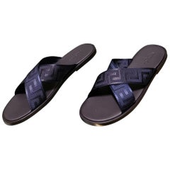 NEW VERSACE TEXTILE NAVY BLUE SANDALS with GREEK KEY PATTERN  44 - 11