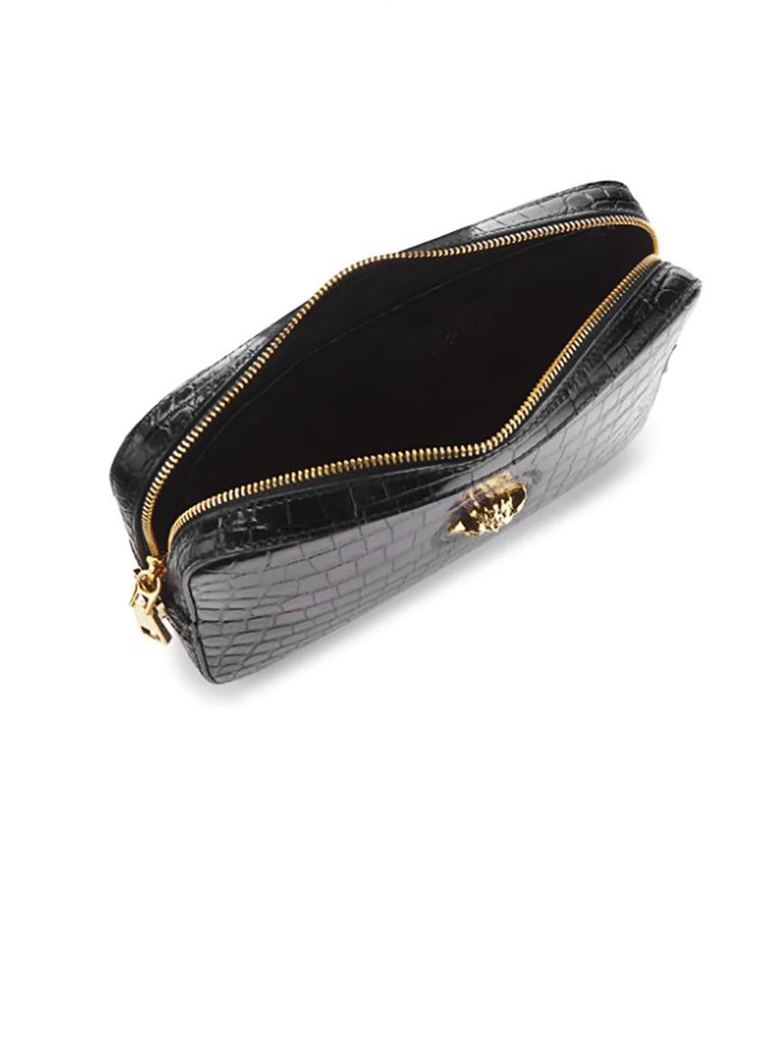 Black New VERSACE TEXTURED LEATHER WRISTLET POUCH