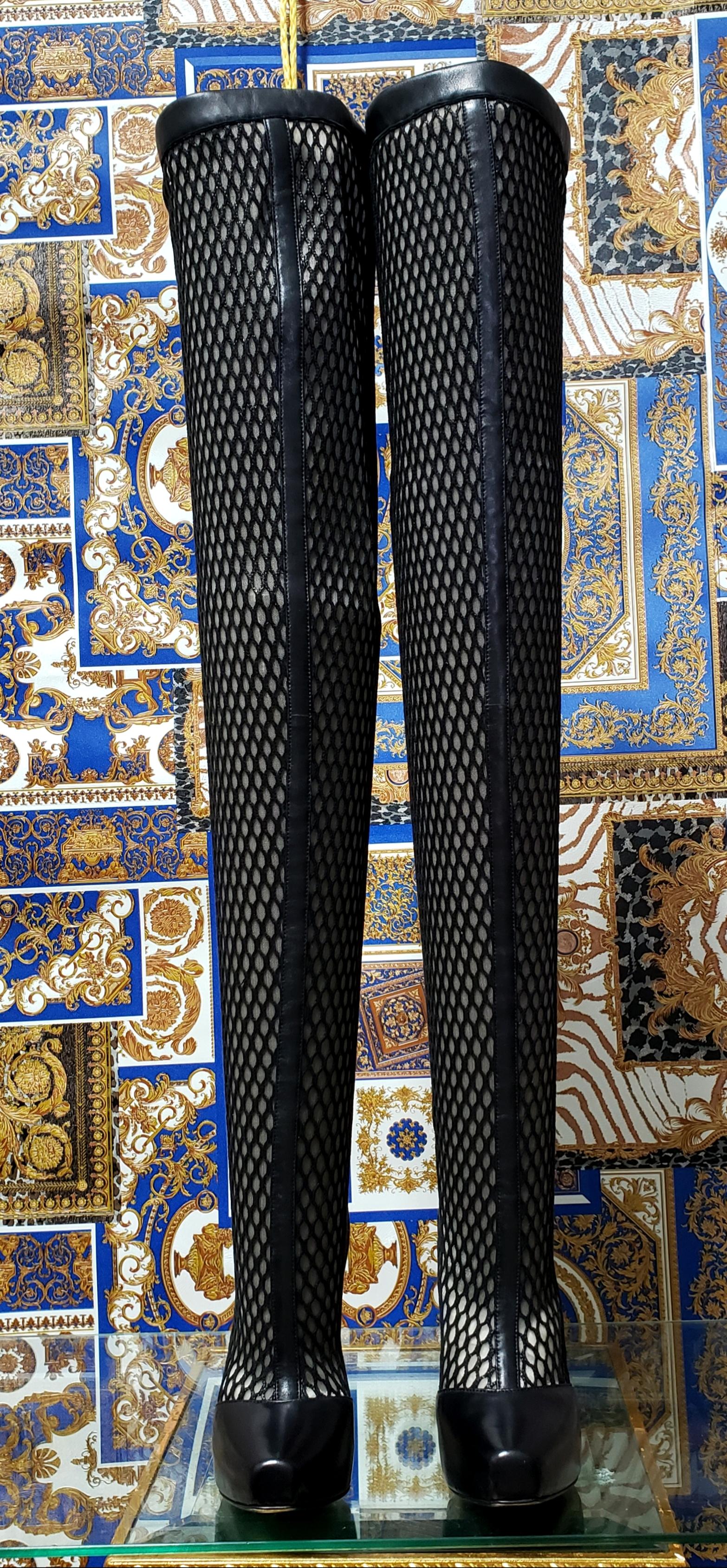 NEW VERSACE THIGH HIGH BLACK LEATHER MESH Boots 36, 40 For Sale 2