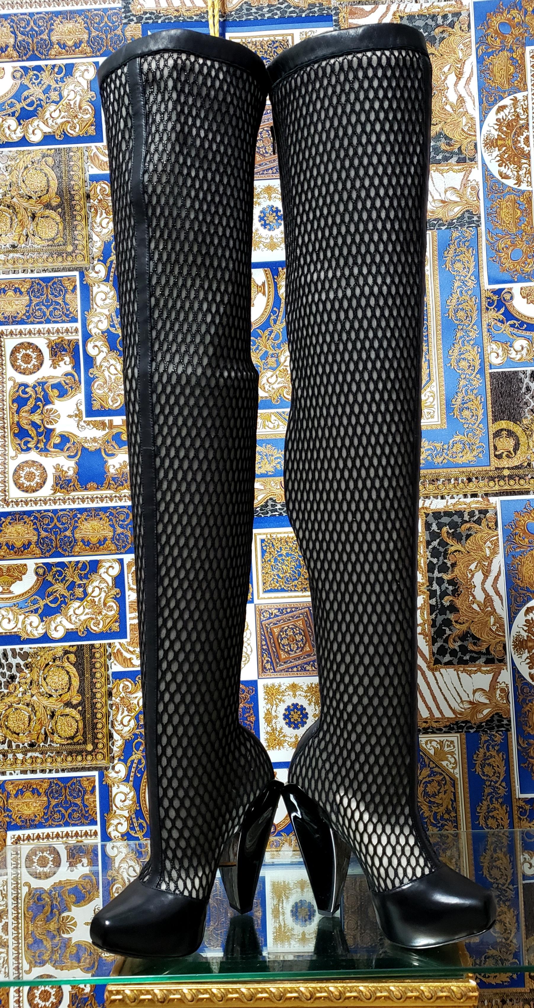 NEW VERSACE THIGH HIGH BLACK LEATHER MESH Boots 36, 40 For Sale 1