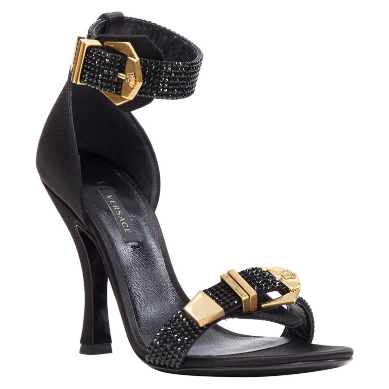 new VERSACE Tribute black strass crystal gold Medusa buckle strappy ...