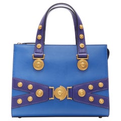 new VERSACE Tribute cobalt blue gold Medusa coin stud shoulder satchel  tote bag