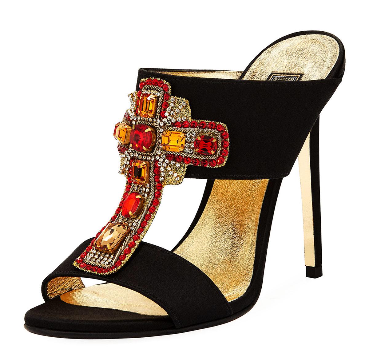 New Versace Runway Crystal Embellished Cross Black Satin Heel Mule Sandals  38 8