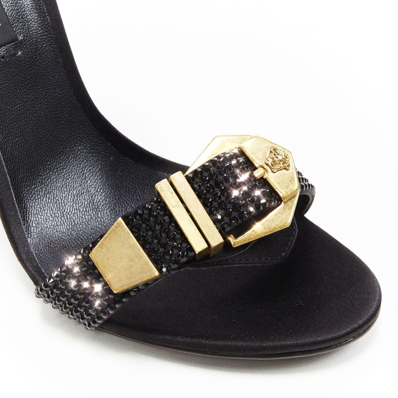 Black New Versace Tribute Crystal Embellished Medusa Buckle Ankle Strap Sandals 38.5 For Sale