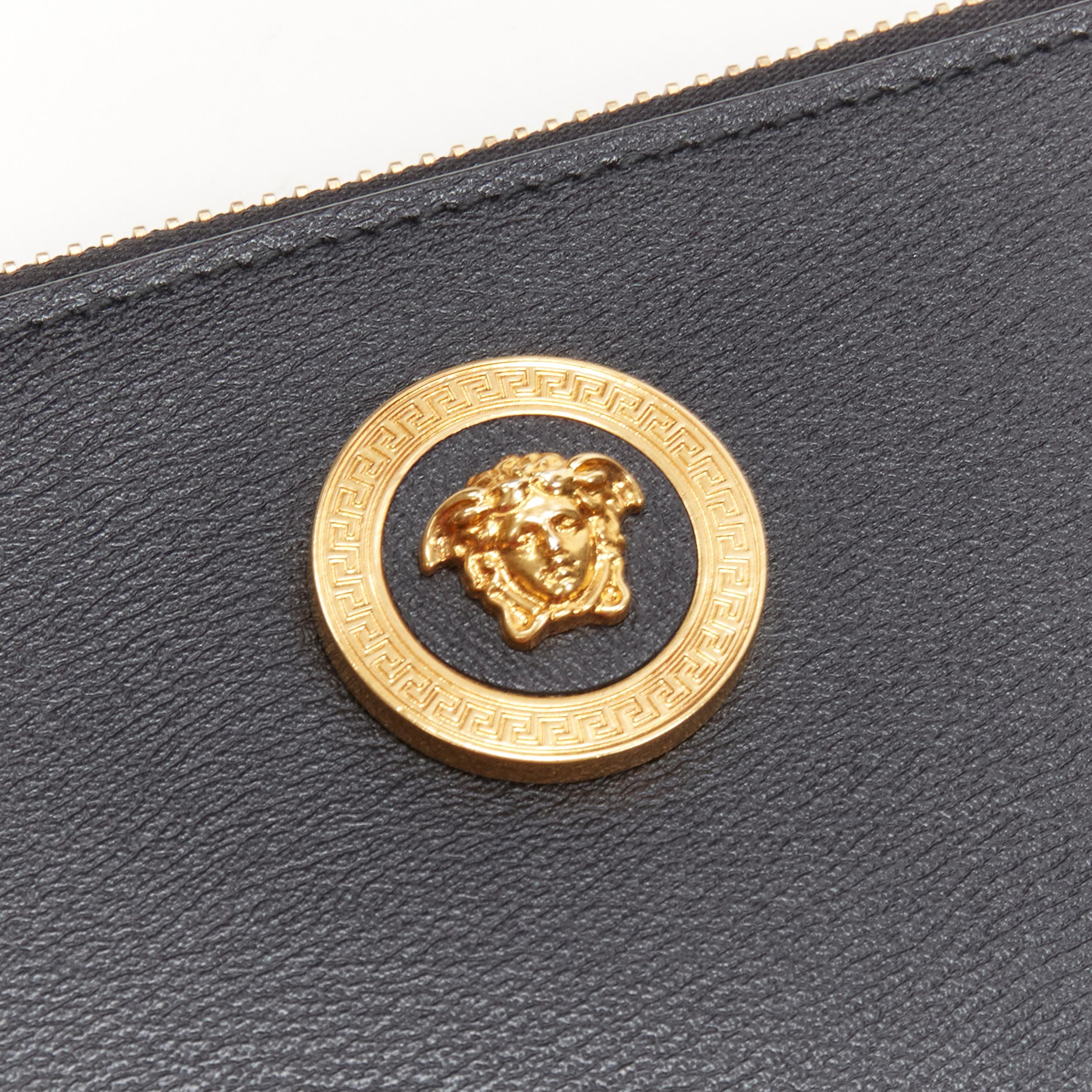 Women's new VERSACE Tribute gold Medusa black leather small wristlet zip clutch bag