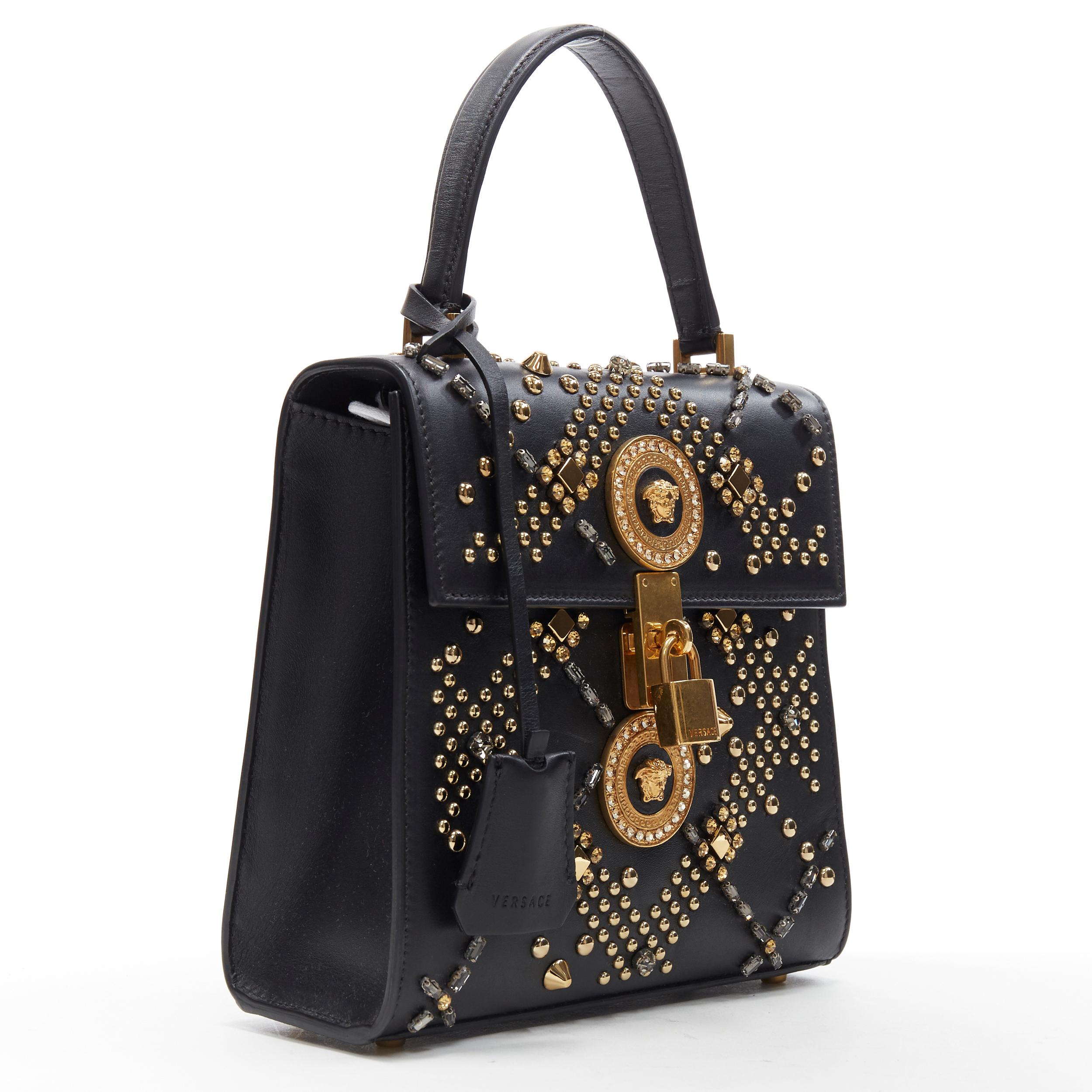 Nero nuova borsa VERSACE Tribute Icon 1993 in pelle di vitello nera con borchie di cristallo Medusa con patta kelly
