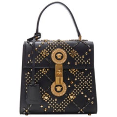 neu VERSACE Tribute Icon 1993 schwarz Kalbsleder Kristall Nieten Medusa Klappe Kelly Tasche