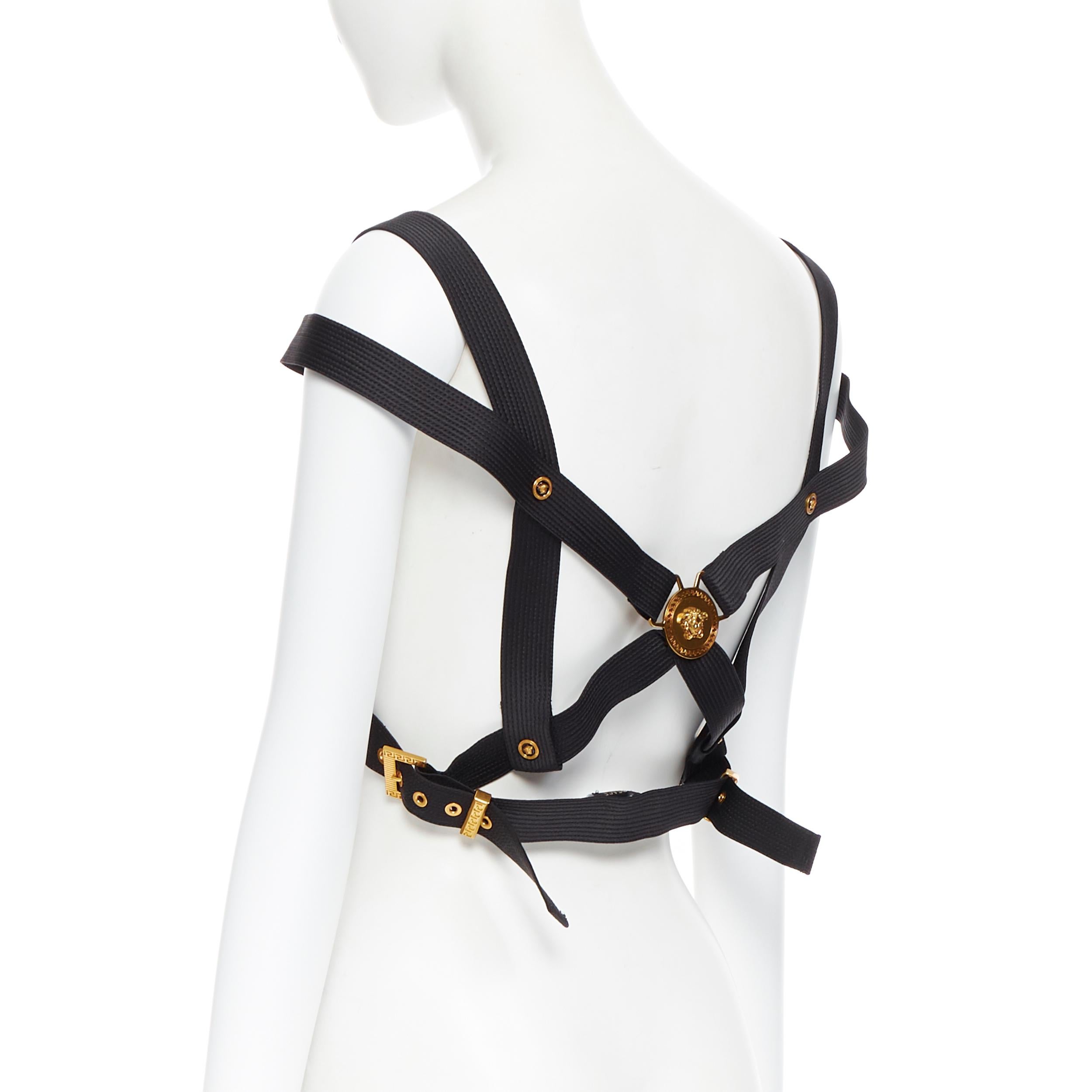 nuevo VERSACE Tribute Icon negro 100% seda oro Medusa hebilla Miss S&M arnés top 2