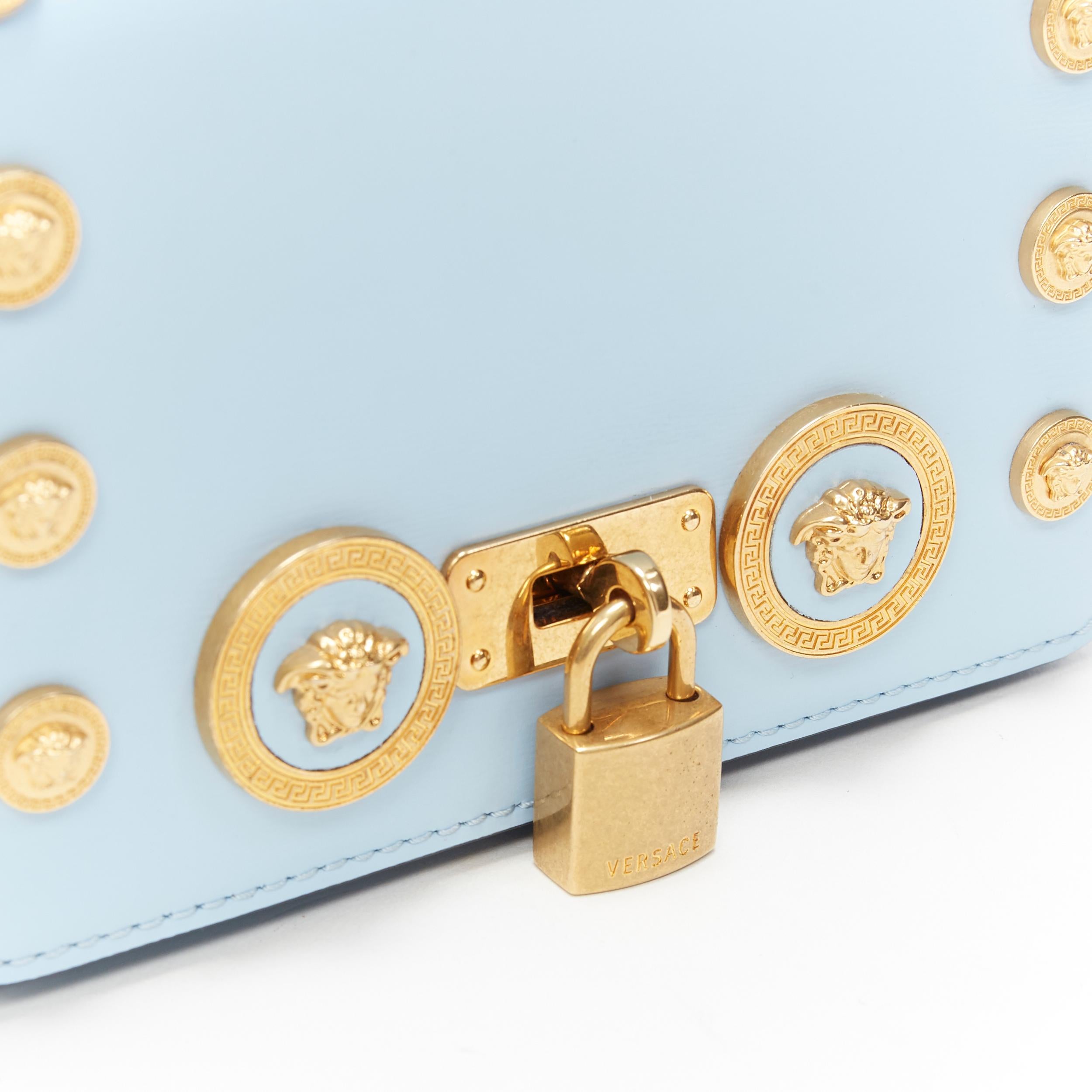 Women's new VERSACE Tribute Icon sky blue gold Medusa turnlock greca chain flap bag