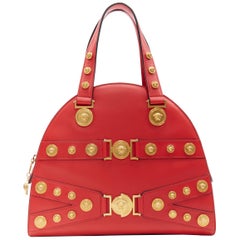 nouveau VERSACE Tribute Medallion Medusa pièce de monnaie en cuir rouge sac à main grand bowling