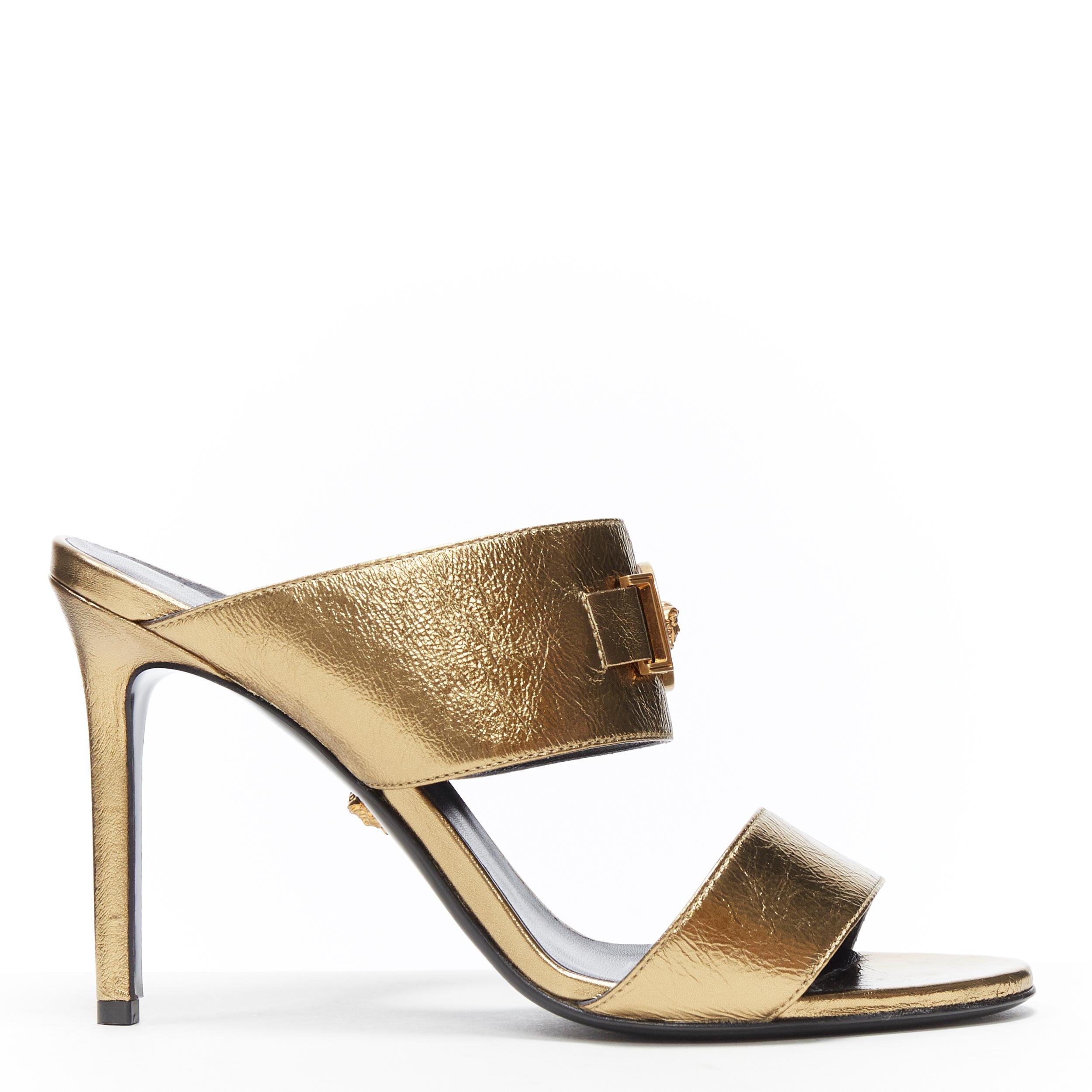 Black new VERSACE Tribute metallic gold Medusa charm open toe strappy heel mule EU39