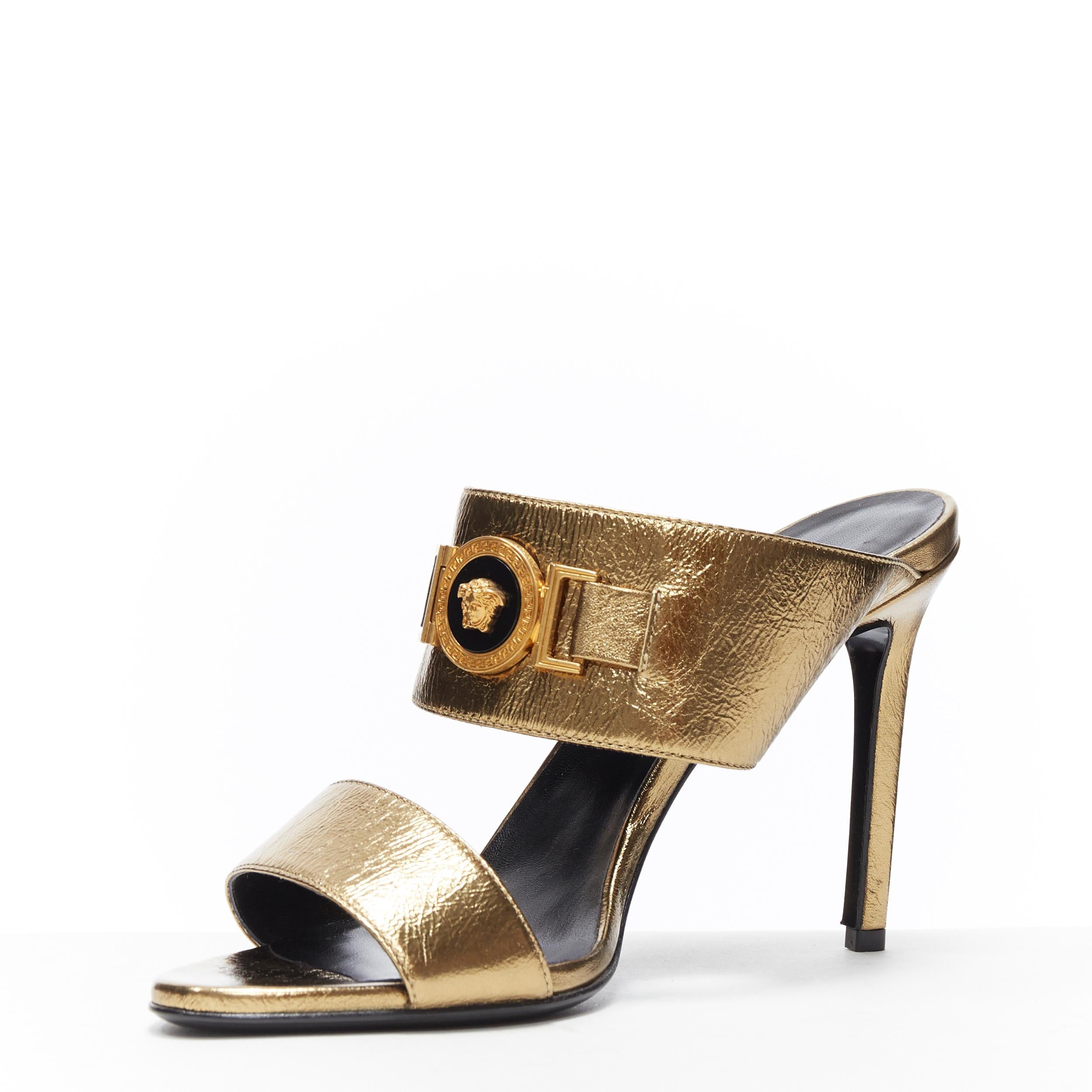 new VERSACE Tribute metallic gold Medusa charm open toe strappy heel mule EU39 In Excellent Condition In Hong Kong, NT