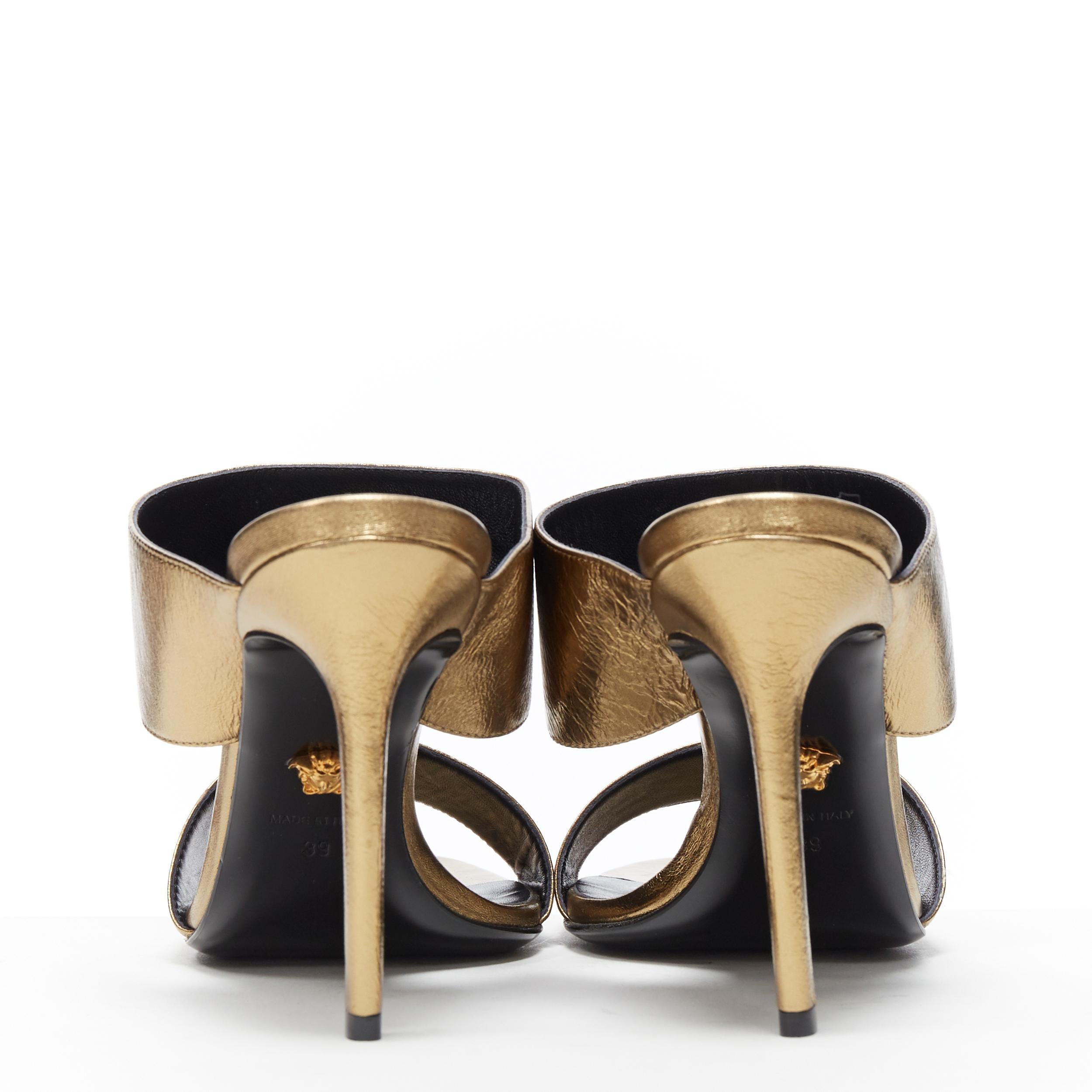 Women's new VERSACE Tribute metallic gold Medusa charm open toe strappy heel mule EU39