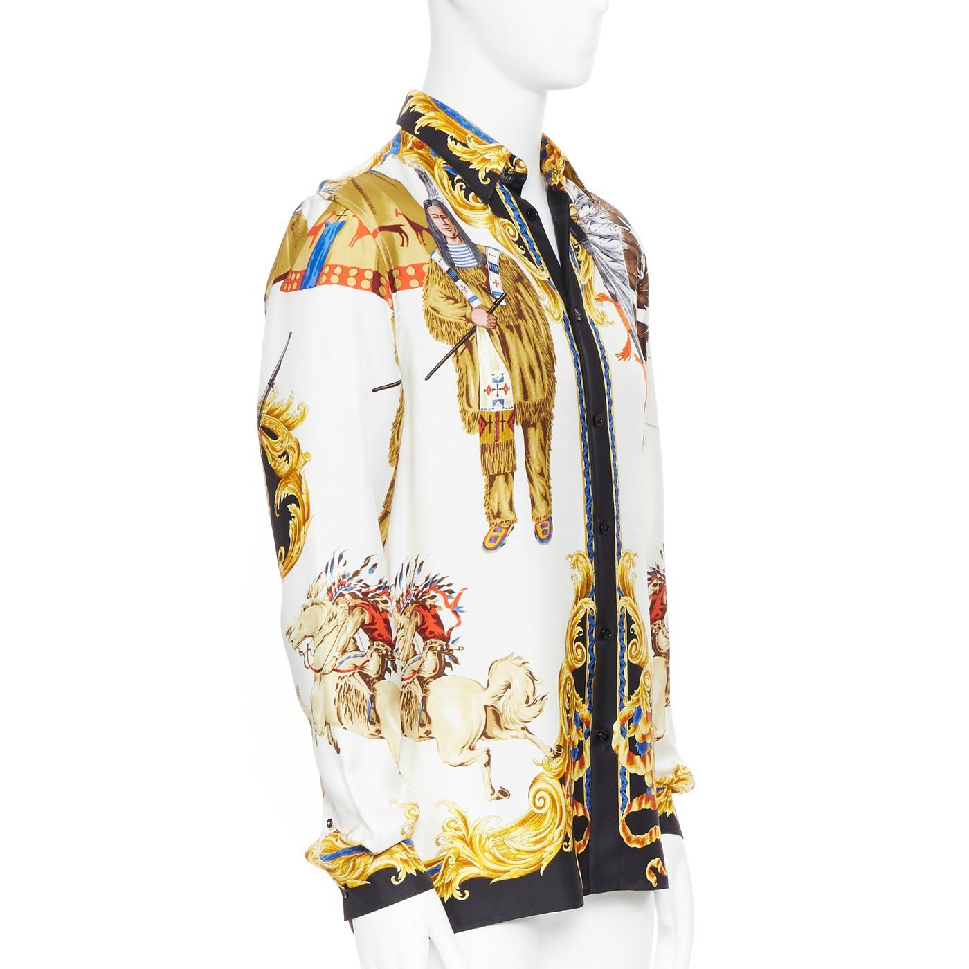 Oro nuovo VERSACE Tribute Native America FW1992 stampa oro Medusa camicia in seta EU39 M.