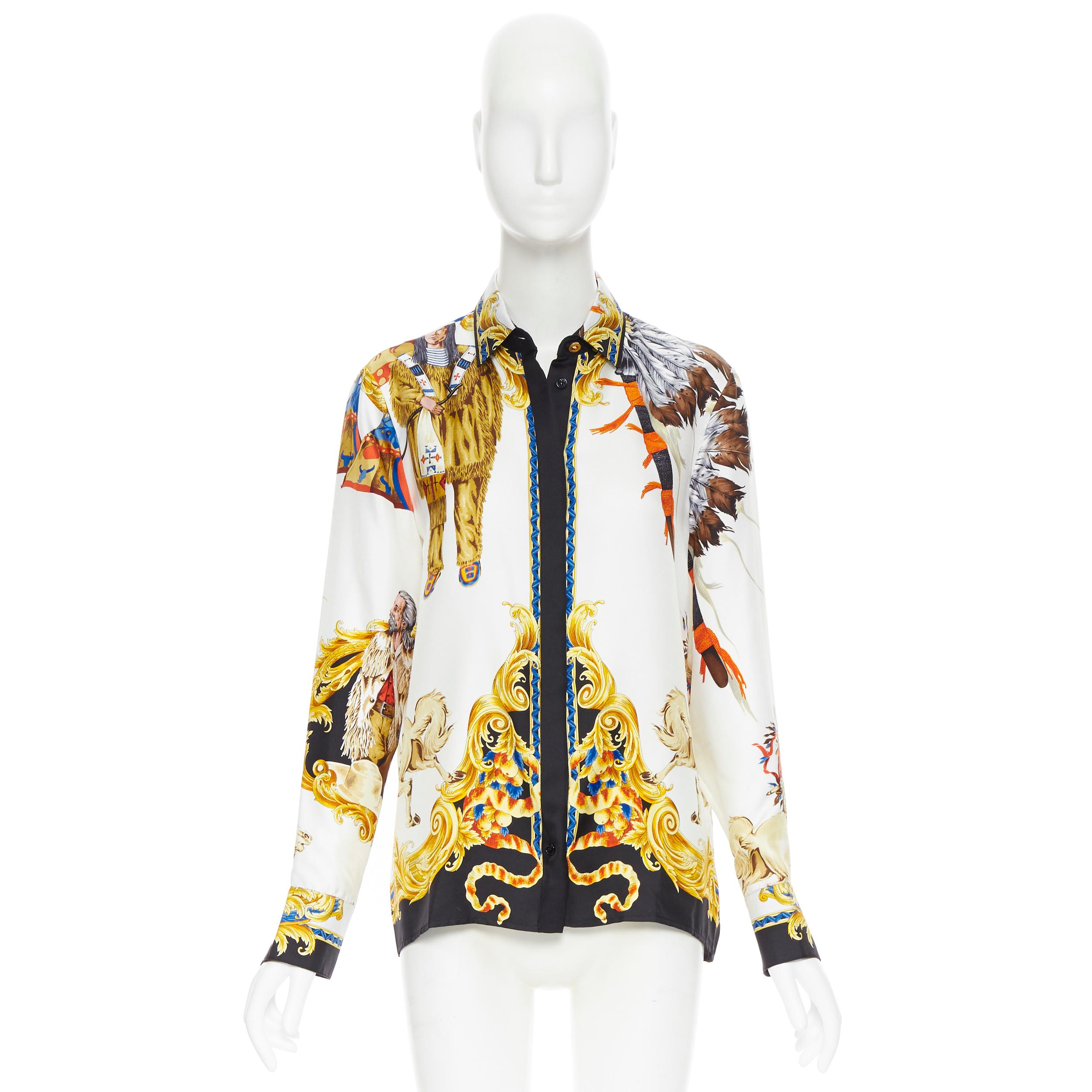 Gold new VERSACE Tribute Native America FW1992 print gold Medusa silk shirt IT40 S