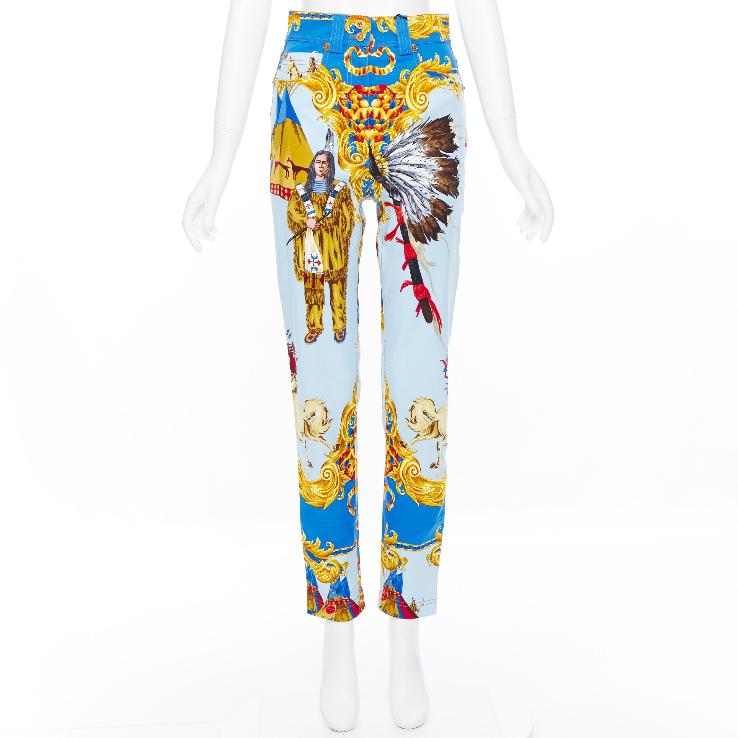Gold new VERSACE Tribute Native American 1992 printed gold Medusa stud jeans 25