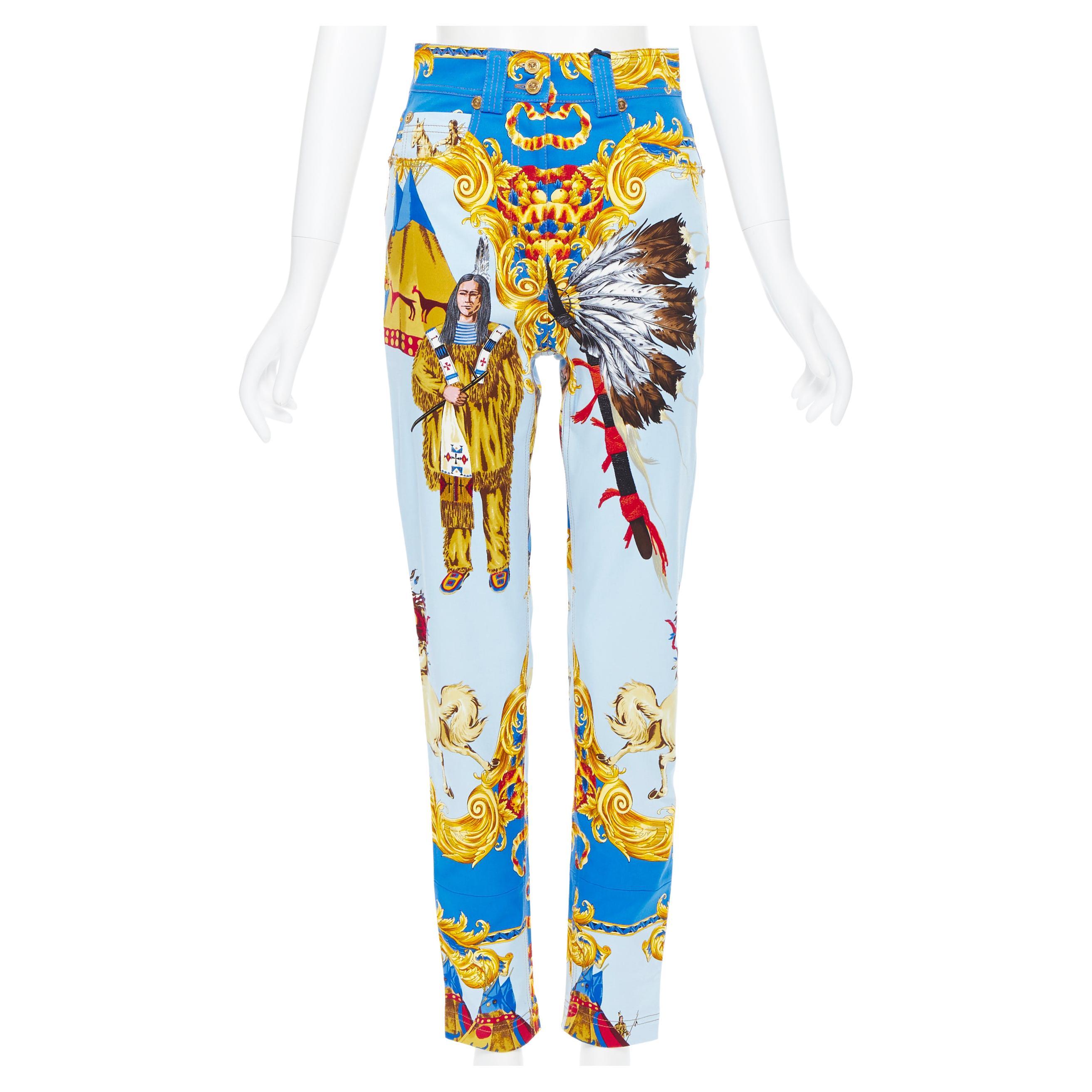 new VERSACE Tribute Native American 1992 printed gold Medusa stud jeans 25"