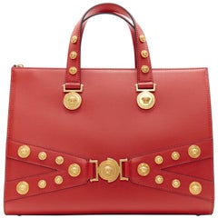 nuovo VERSACE Tribute Tote Medium rosso Bondage Medusa Borsa a tracolla con borchie dorate