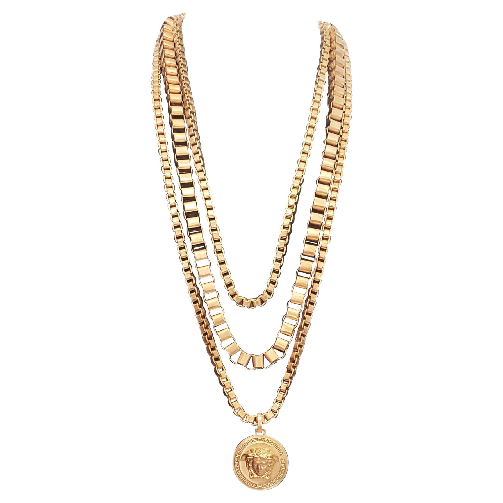 New VERSACE Triple Chain Gold-Plated Medusa Necklace as seen on Celebrities