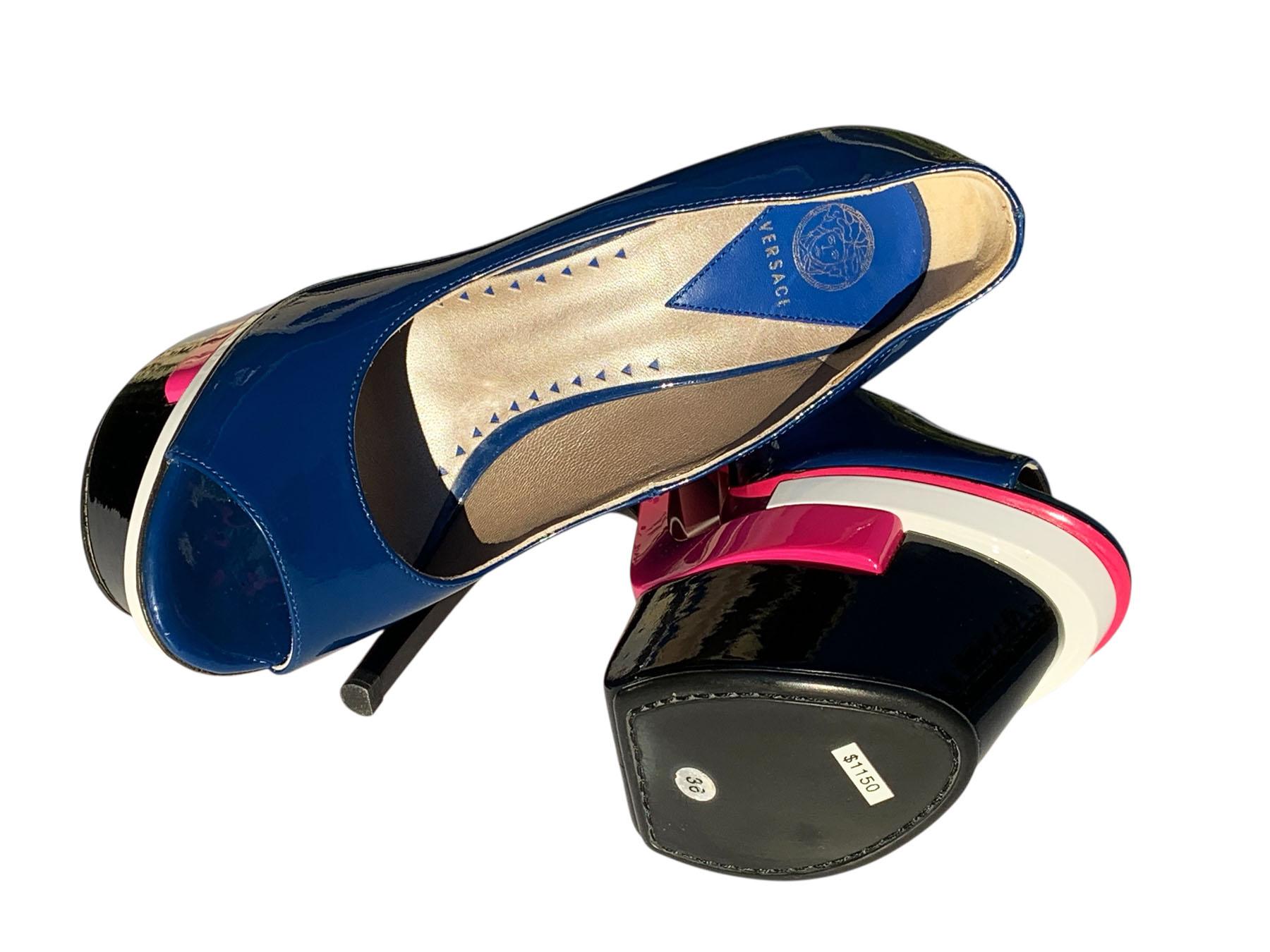 Women's New Versace Triple Platform Patent Leather Ski High Heel Pumps Italian 36 US 6 For Sale