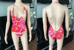 New Versace Tropical Print Plunging Open Back Swimsuit