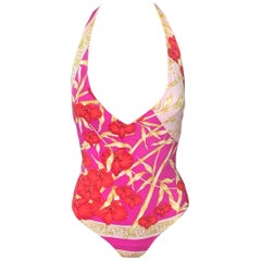 New Versace Tropical Print Plunging Open Back Swimsuit