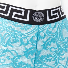 new VERSACE Underwear Medusa Greca waist band blue floral lace legging tights L