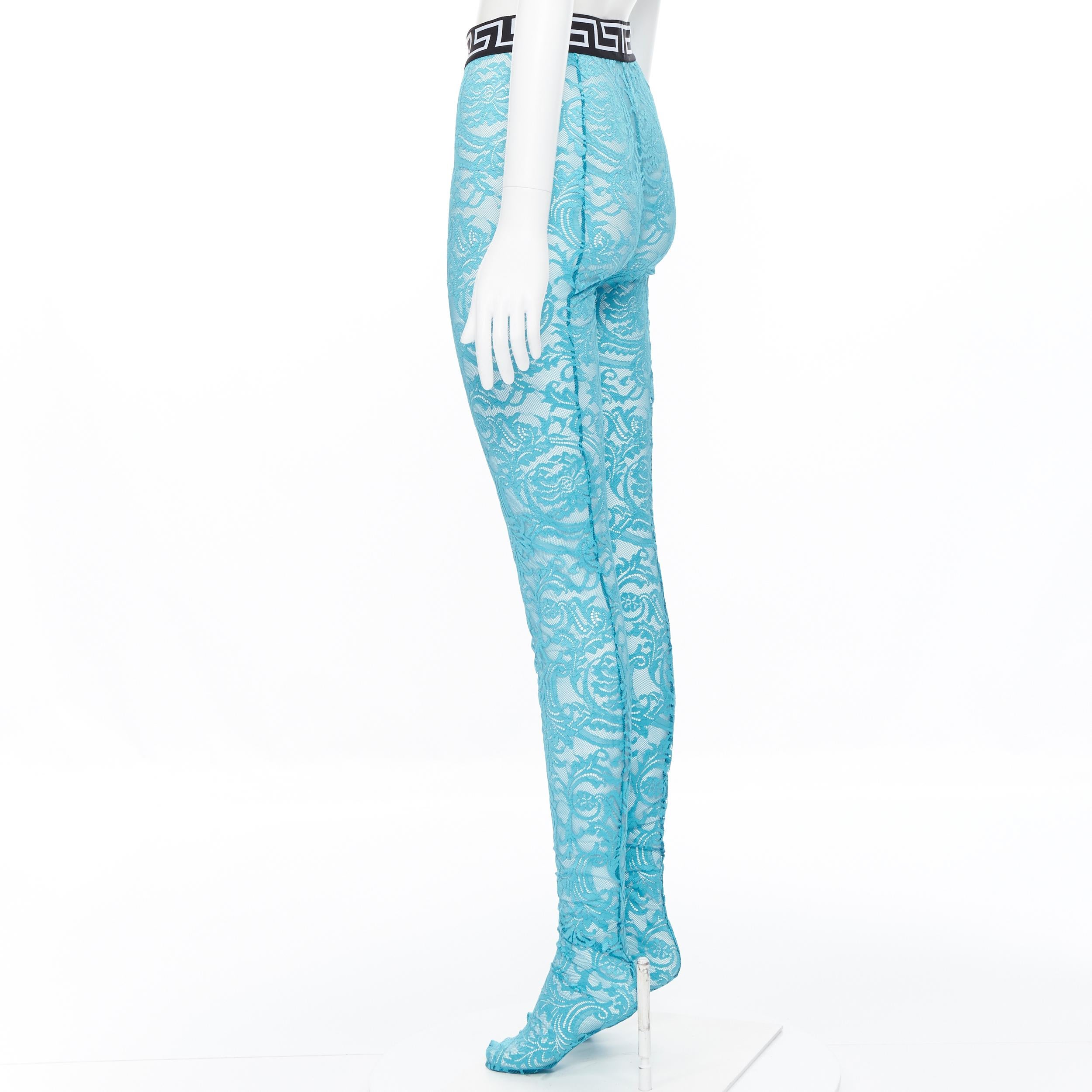 Blue new VERSACE Underwear Medusa Greca waist band blue floral lace legging tights L
