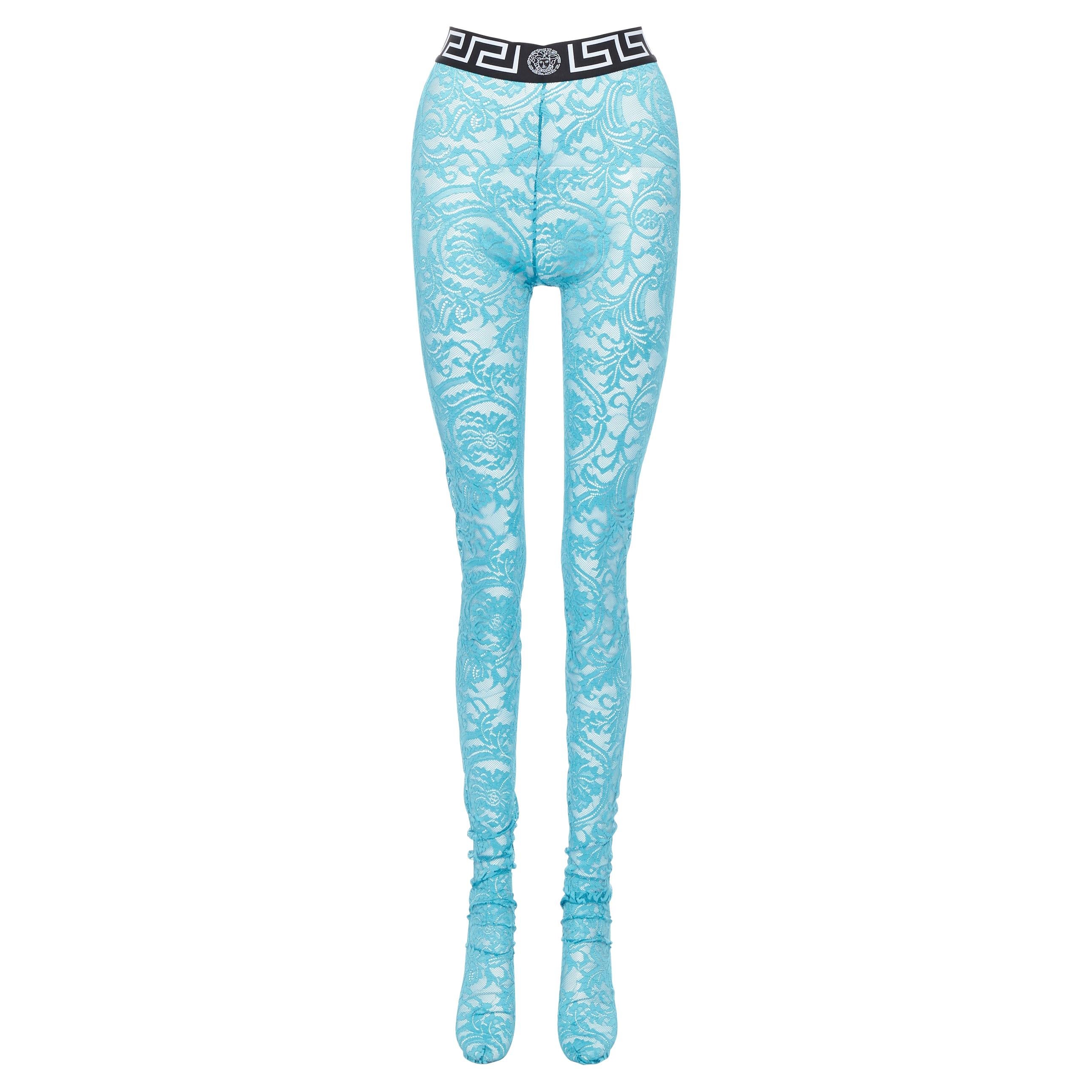 new VERSACE Underwear Medusa Greca waist band blue floral lace legging tights L