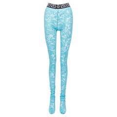 Neu VERSACE Underwear Medusa Greca Taille Band blaue florale Spitze Leggings L