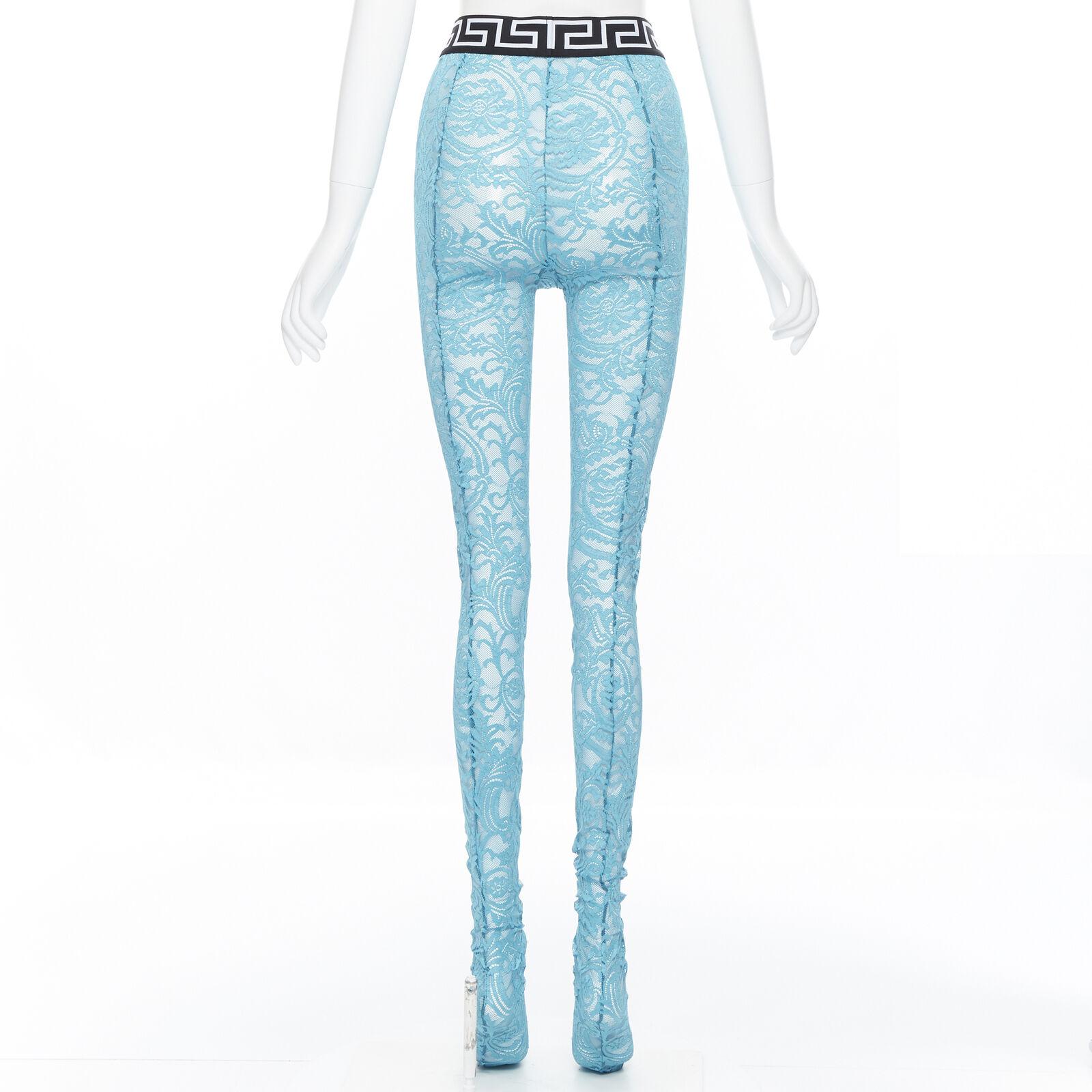 Women's new VERSACE Underwear Medusa Greca waist band blue floral lace tights L For Sale