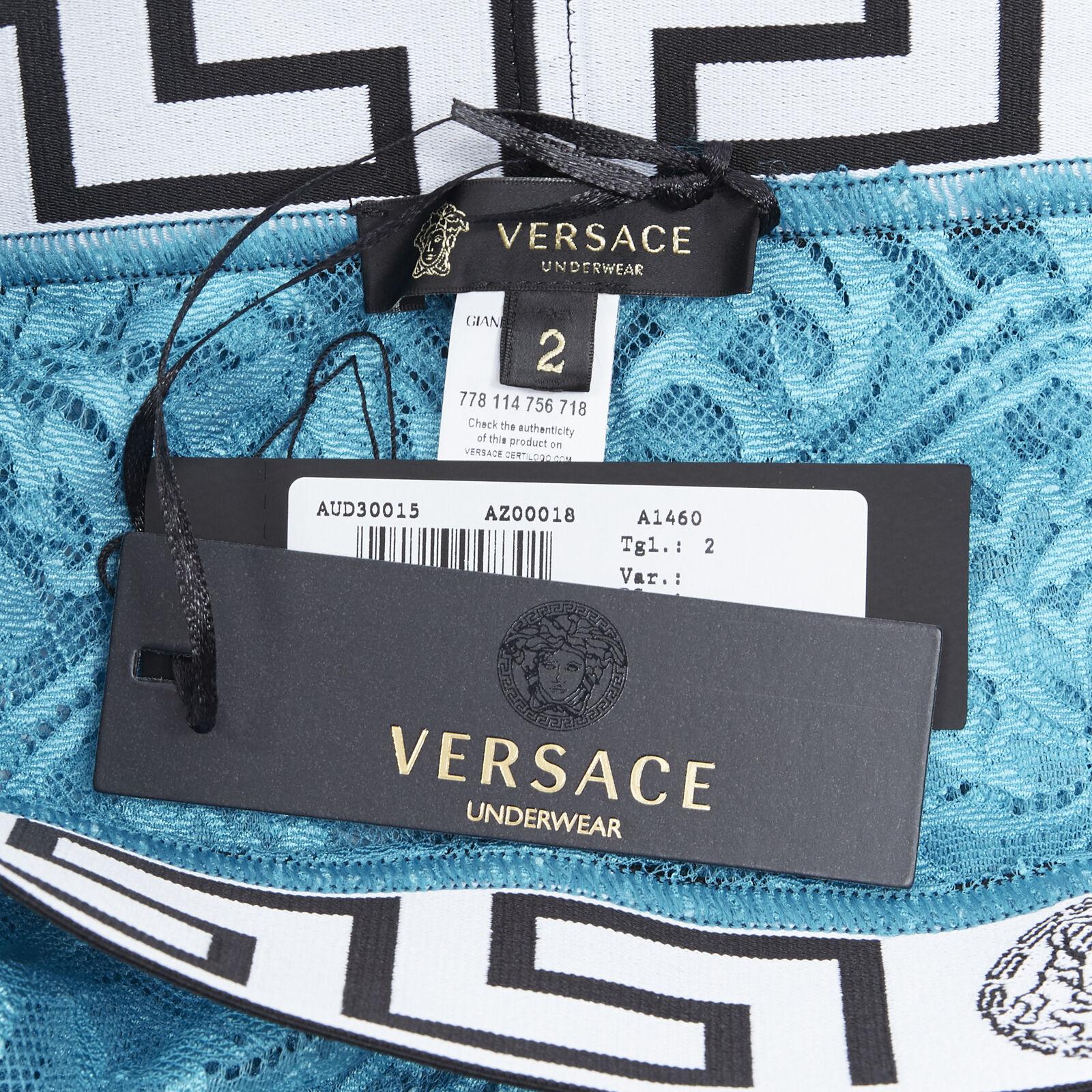 new VERSACE Underwear Medusa Greca waist band blue floral lace tights L For Sale 3