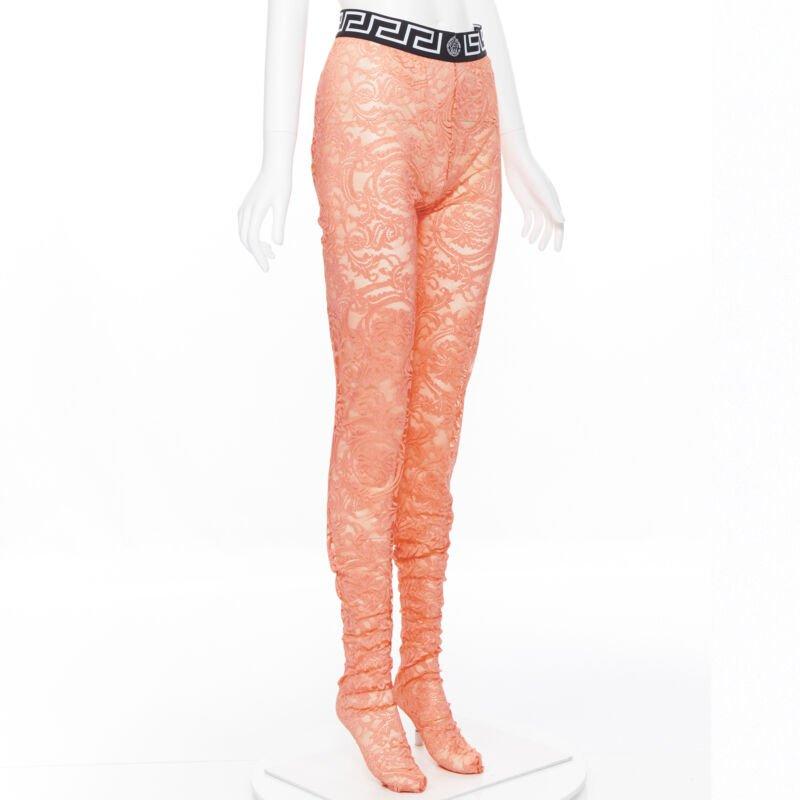Orange new VERSACE Underwear Medusa Greca waist band orange floral lace tights M For Sale