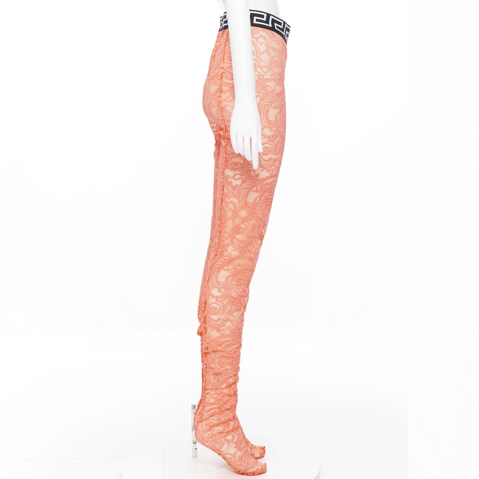 Women's new VERSACE Underwear Medusa Greca waist band orange floral lace tights M