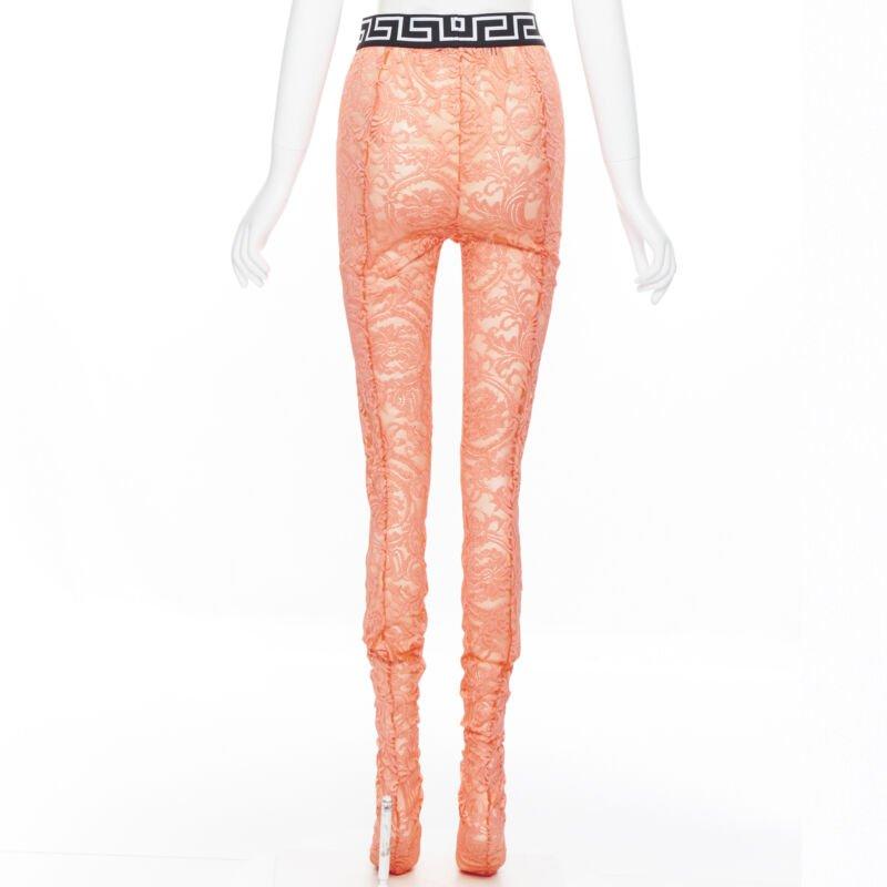 Women's new VERSACE Underwear Medusa Greca waist band orange floral lace tights M For Sale