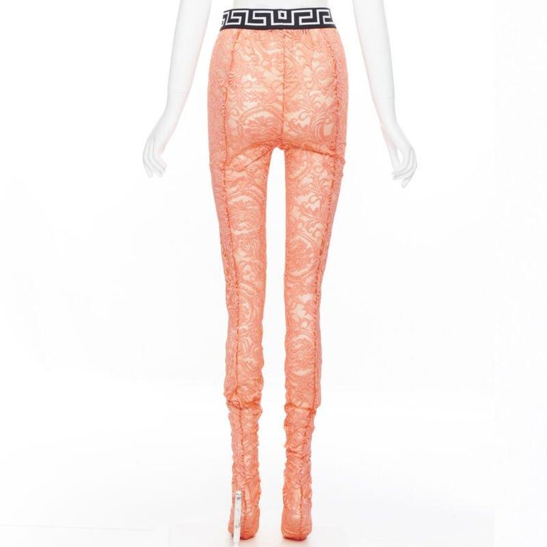 new VERSACE Underwear Medusa Greca waist band orange floral lace tights M  For Sale at 1stDibs