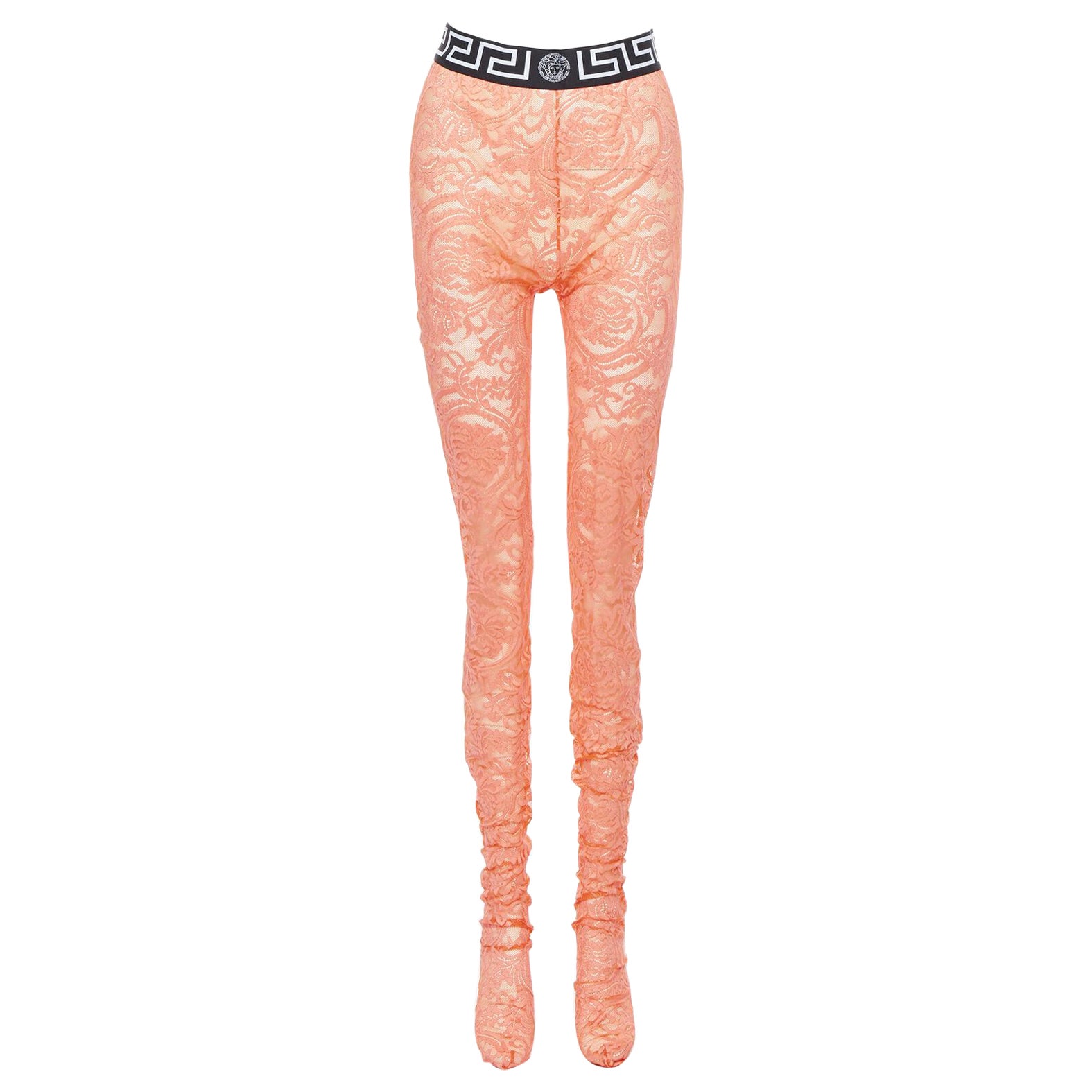new VERSACE Underwear Medusa Greca waist band orange floral lace tights M