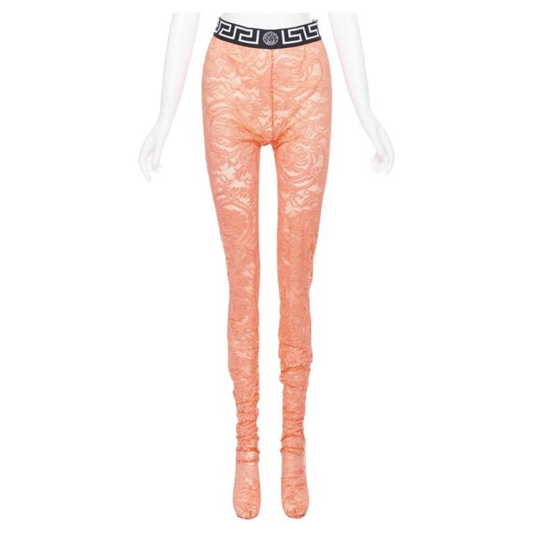 new VERSACE Underwear Medusa Greca waist band orange floral lace tights M  For Sale at 1stDibs