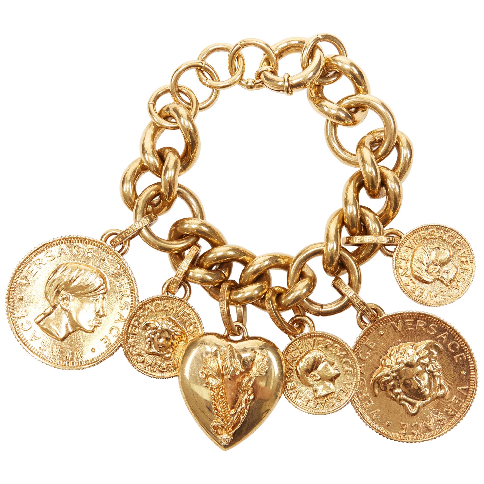 new VERSACE V-Mine Heart Medusa medallion coin charm gold plated chunky bracelet