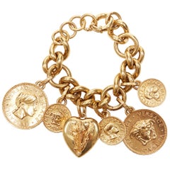 new VERSACE V-Mine Heart Medusa medallion coin charm gold plated chunky bracelet