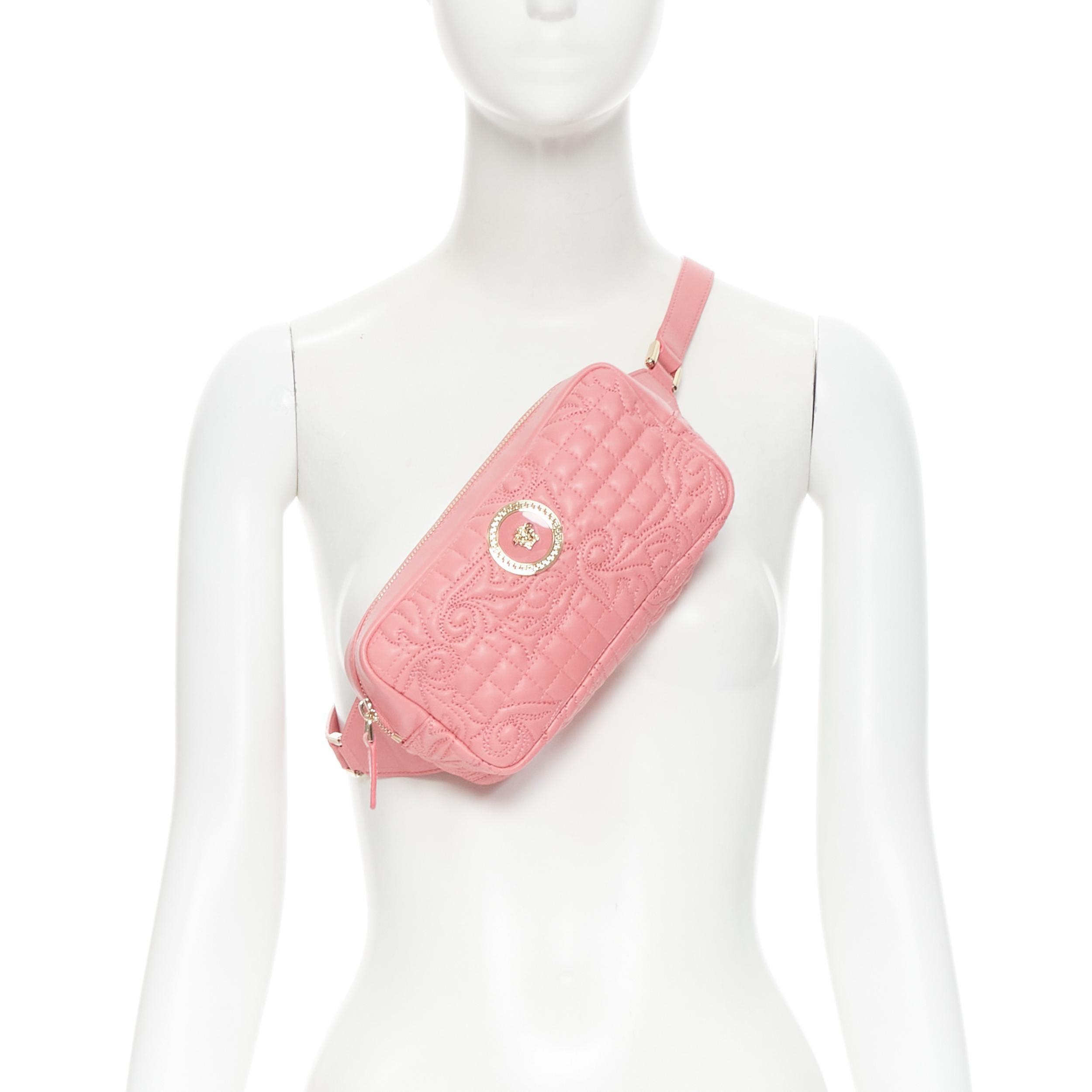 new VERSACE Vanitas baroque quilted pink leather gold Medusa crossbody waist bag 
Reference: TGAS/B02181 
Brand: Versace 
Designer: Donatella Versace 
Collection: Vanitas 
Material: Leather 
Color: Pink 
Pattern: Solid 
Closure: Zip 
Extra Detail: