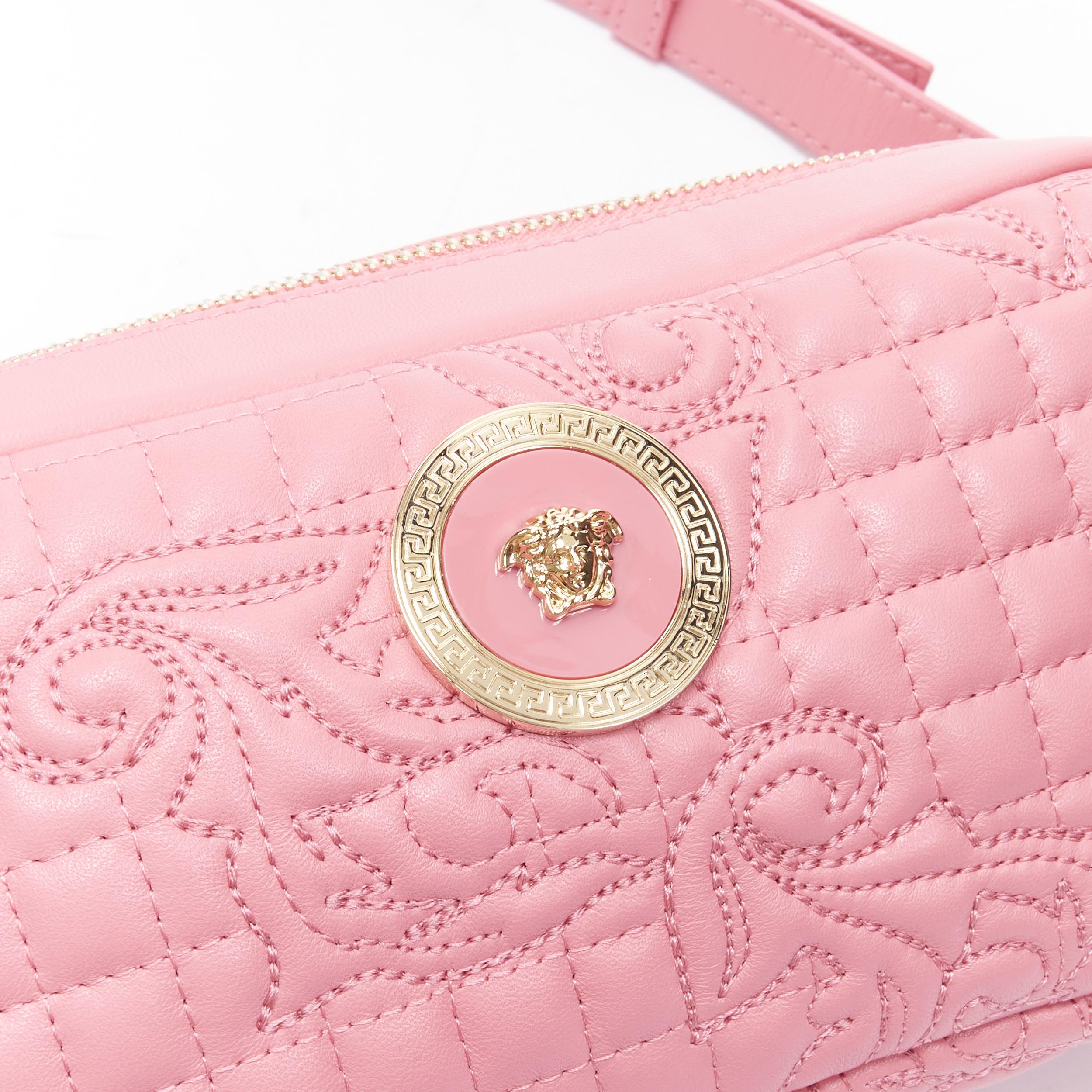 Pink new VERSACE Vanitas baroque quilted pink leather gold Medusa crossbody waist bag For Sale
